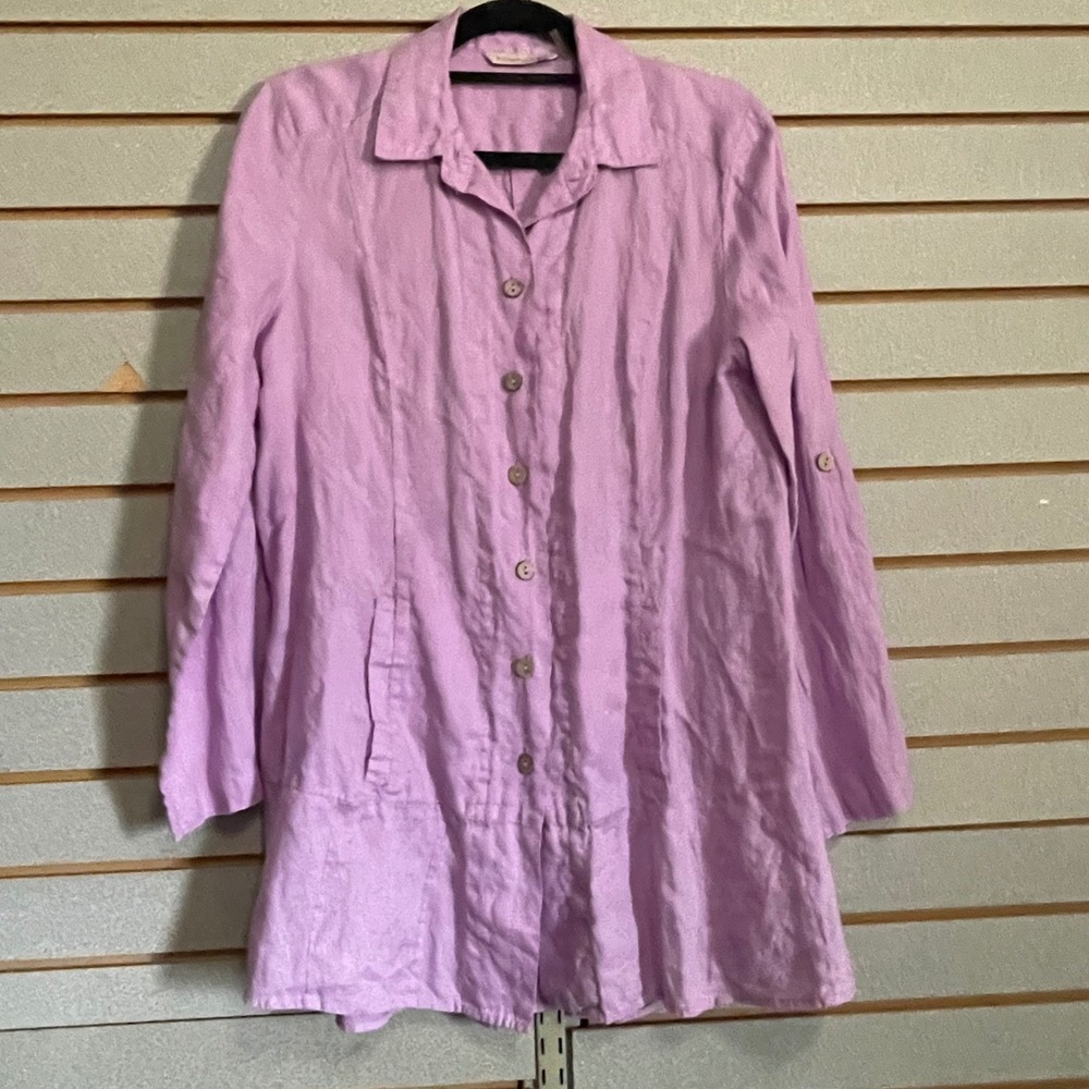 Soft Surroundings Lilac Purple 100% Linen Roll Tab Sleeve Pocket Tunic Shirt M L